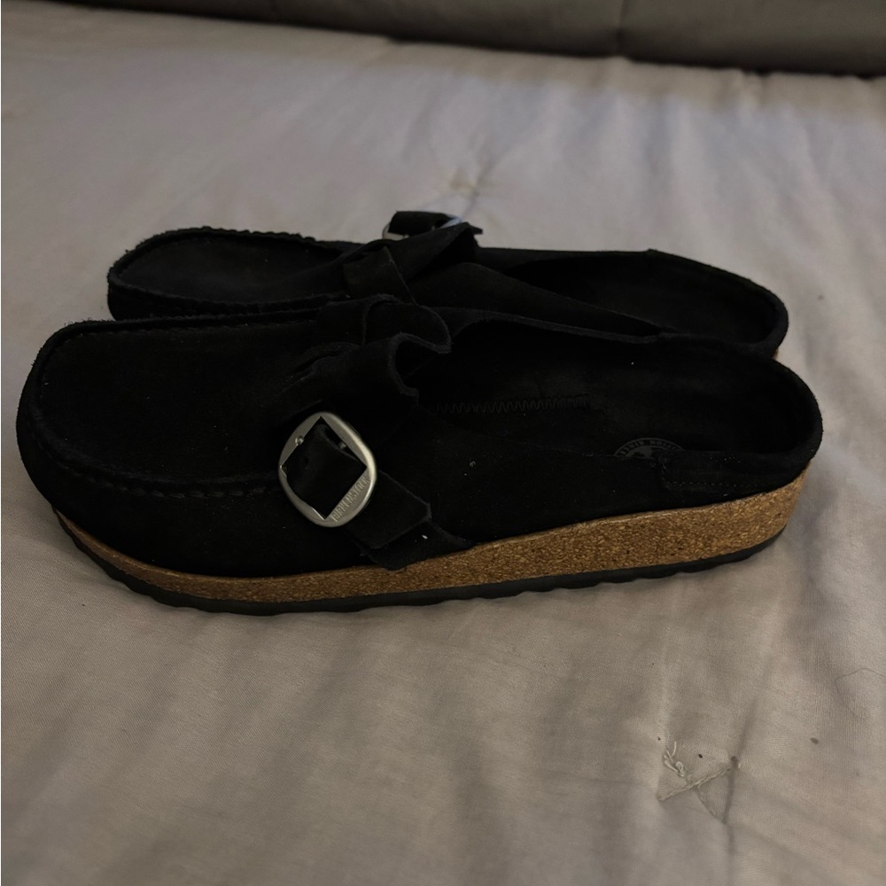 Birkenstock Black Suede Loafers with Metallic Buckle - Picture 6 of 6
